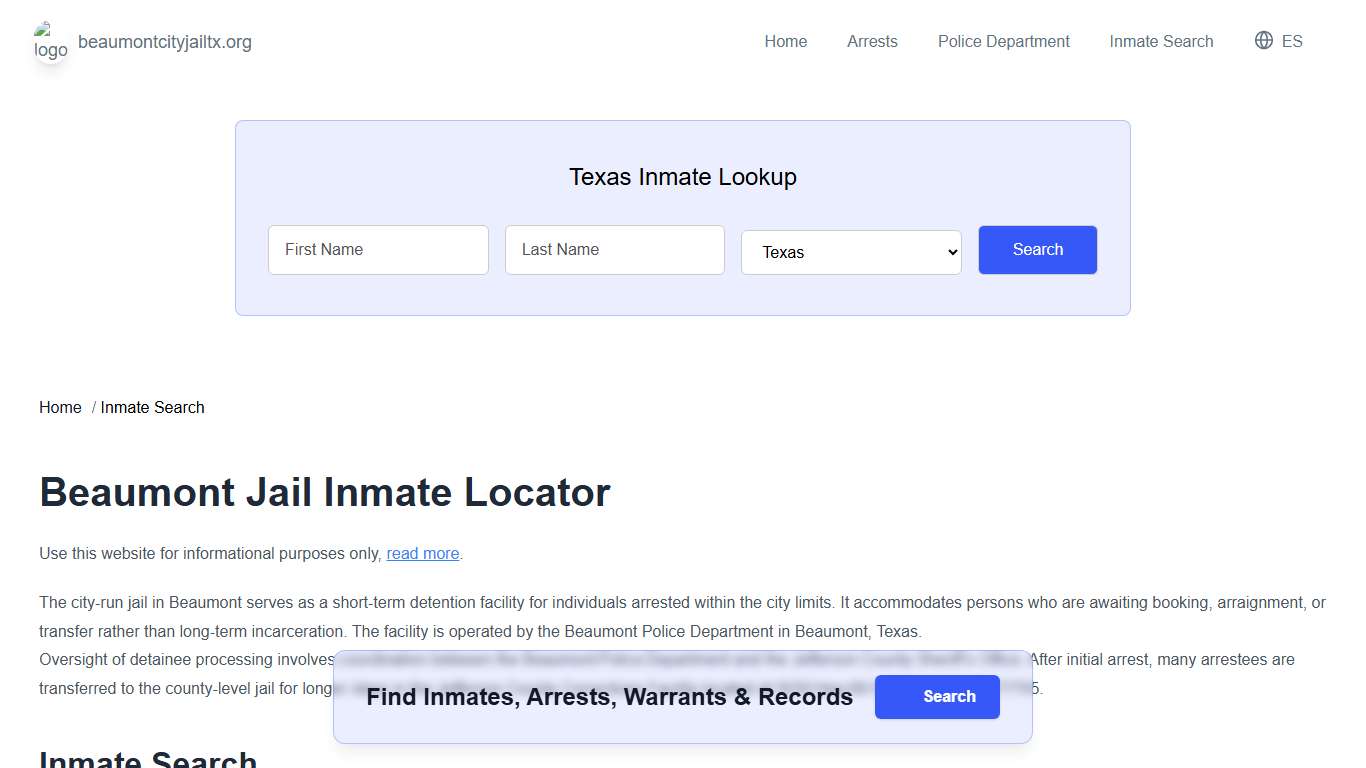 Beaumont, TX Municipal Jail Inmate Search