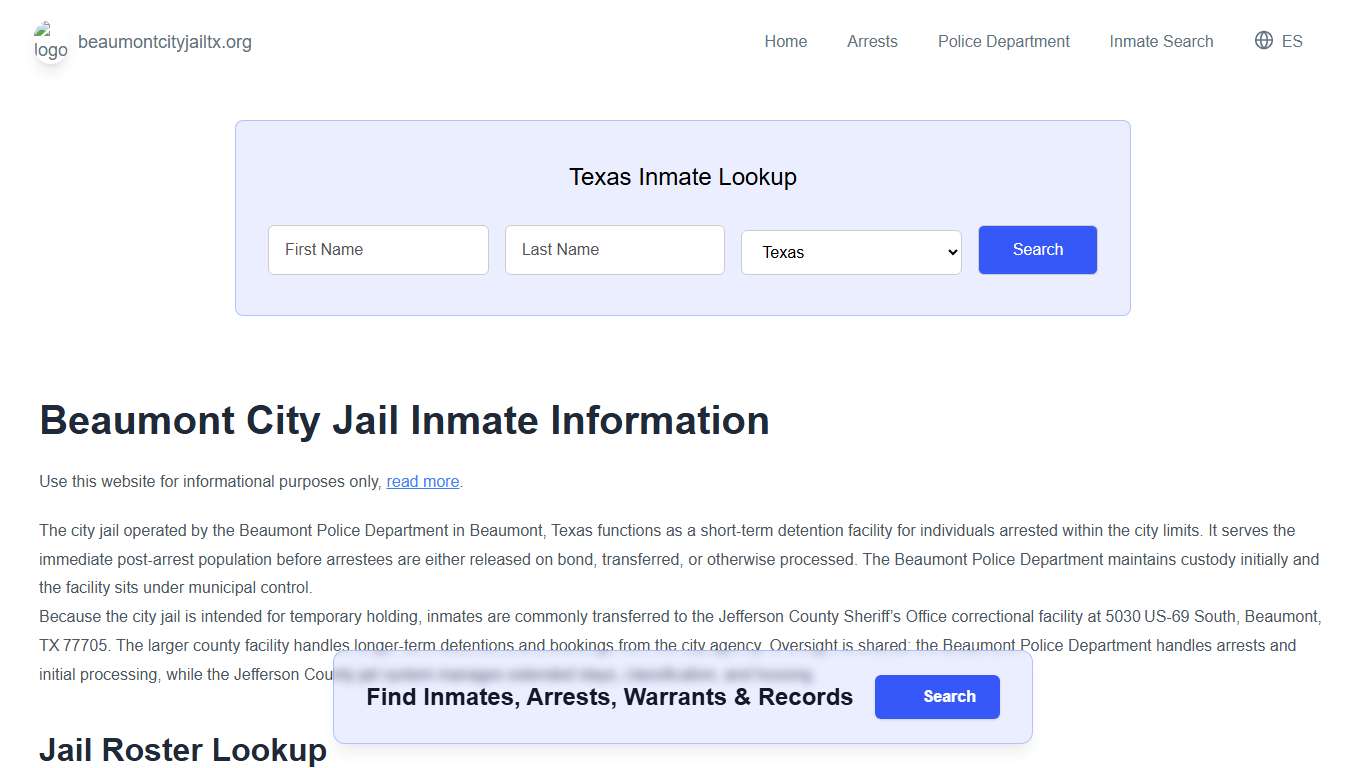 Beaumont Jail, TX Inmate Roster, Municipal Jail Info